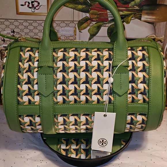 Tory Burch Riviera Green Wicker Print Leaf Patterned Women's Satchel Bag - Picture 1 of 16